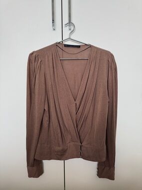 Zara Mauve-Brown Draped V-Neck Blouse